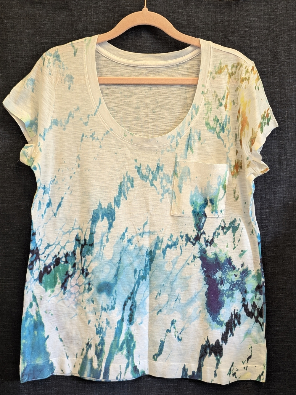Calvin Klein White Scoop Neck Short Sleeve Tee with Blue & Teal Tie-Dye
